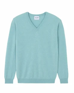 Kujten Sweaters & Sweatshirts>V-Neck Long Sleeves Cashmere Sweater Turquoise Pacific