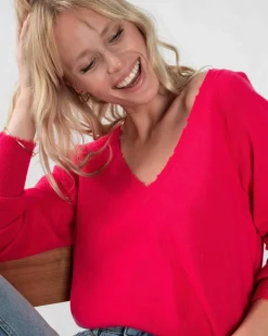 Kujten Sweaters & Sweatshirts>V-Neck Long Sleeves Cashmere Sweater Rose Fushia