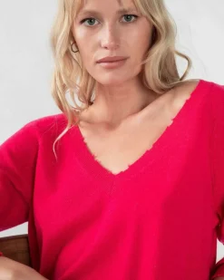 Kujten Sweaters & Sweatshirts>V-Neck Long Sleeves Cashmere Sweater Rose Fushia