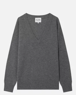 Kujten Sweaters & Sweatshirts>V-Neck Long Sleeves Cashmere Sweater Gris Flanelle