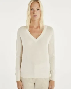 Kujten Sweaters & Sweatshirts>V-Neck Long Sleeves Cashmere Sweater Blanc