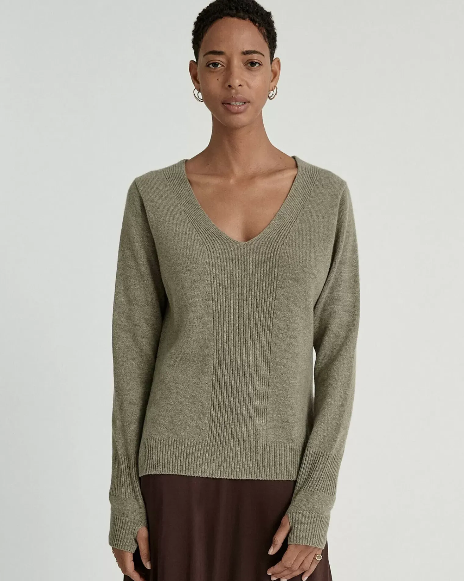 Kujten Sweaters & Sweatshirts>V-Neck Mittens Sleeves Cashmere Sweater Kaki Chine
