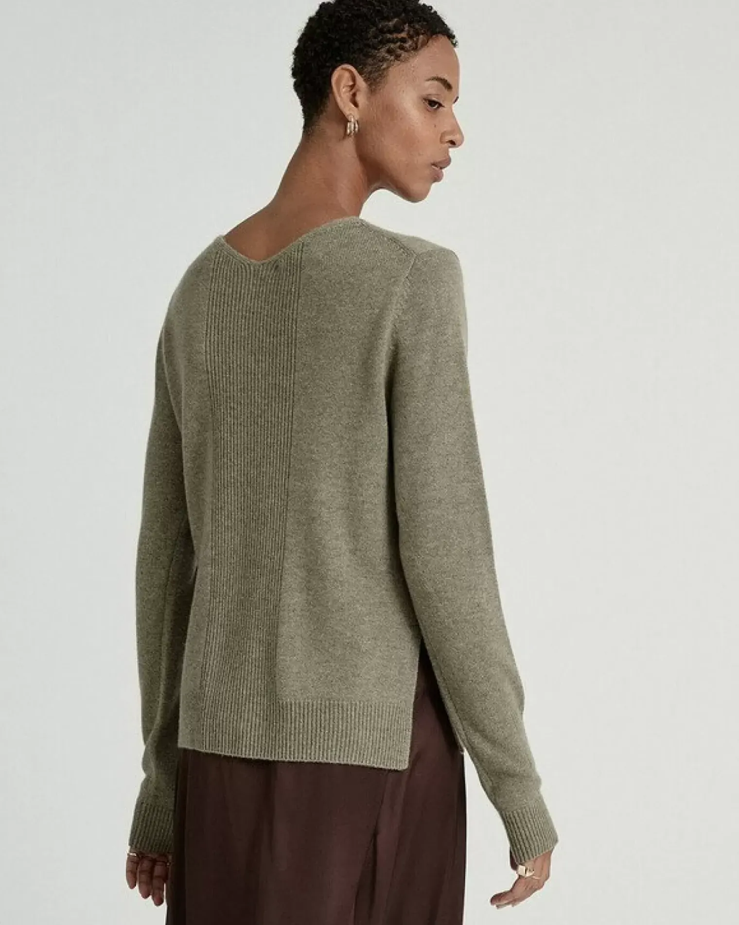 Kujten Sweaters & Sweatshirts>V-Neck Mittens Sleeves Cashmere Sweater Kaki Chine