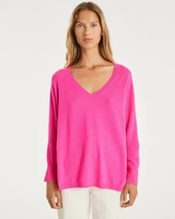 Kujten Sweaters & Sweatshirts>V-Neck Oversize Cashmere Sweater, 2-Threads Rose Neon
