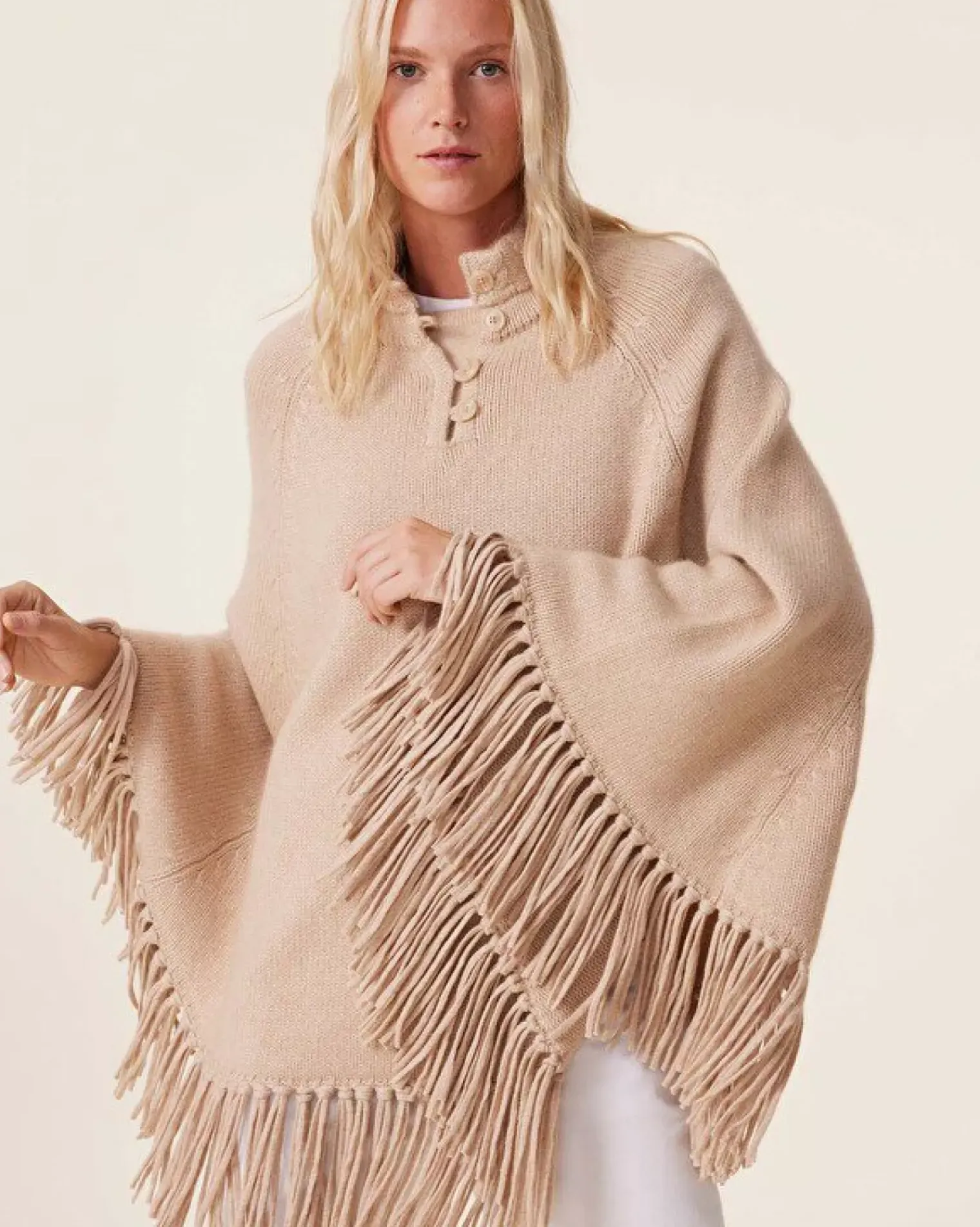 Kujten Capes & Ponchos>Woman Fringed Cashmere Poncho, 10-Threads Organique