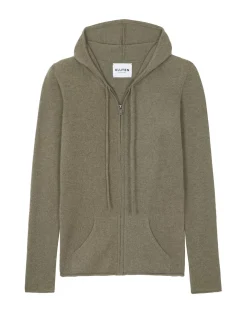 Kujten Hoodies>Woman Hooded Zipped Cashmere Vest, 2-Threads Kaki Chine