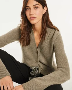 Kujten Jackets & Vests>Woman Short Cashmere Cardigan Kaki Chine