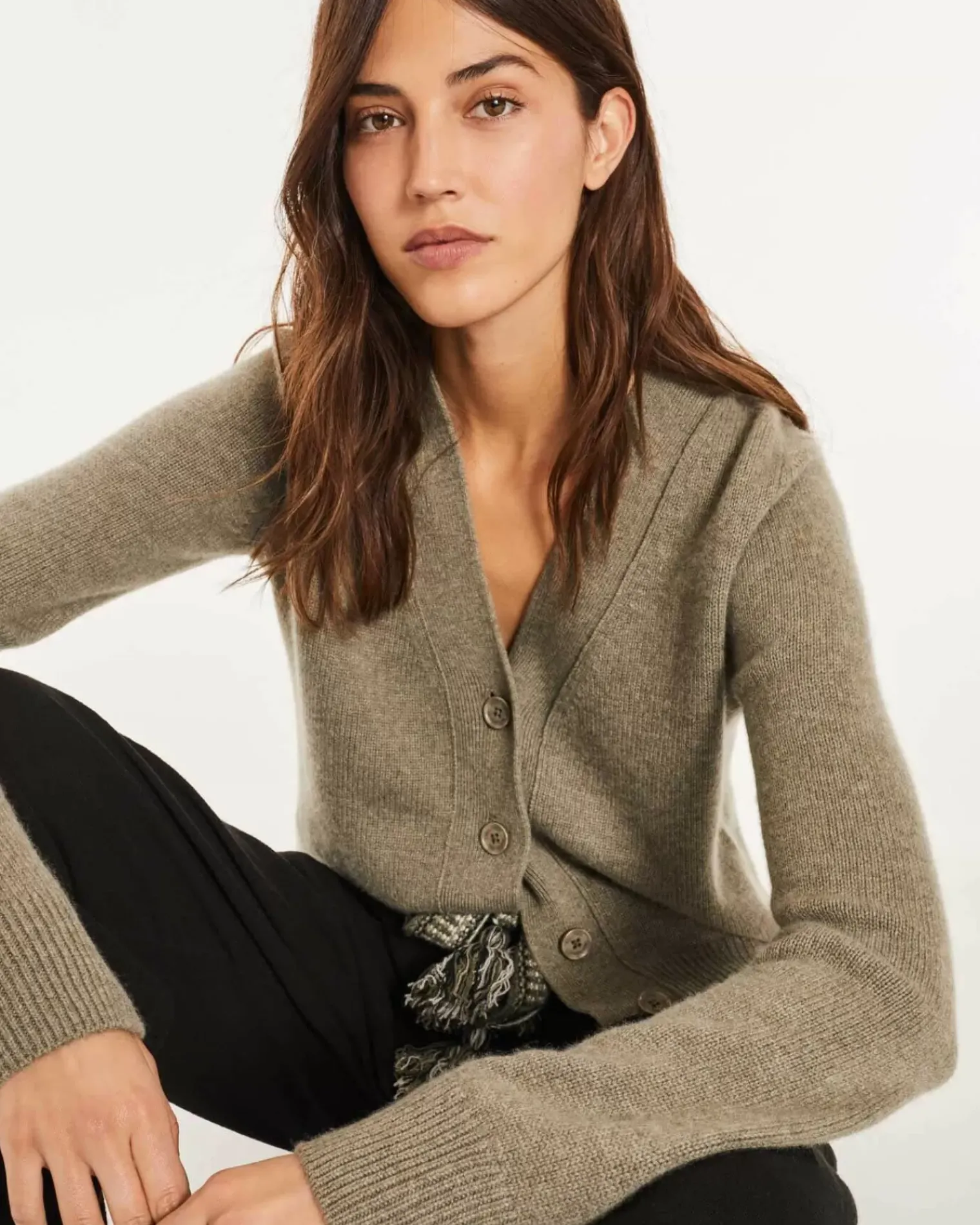 Kujten Jackets & Vests>Woman Short Cashmere Cardigan Kaki Chine