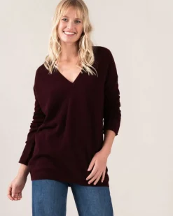 Kujten Sweaters & Sweatshirts>Women Boyfriend V-Neck Cashmere Sweater Bordeaux