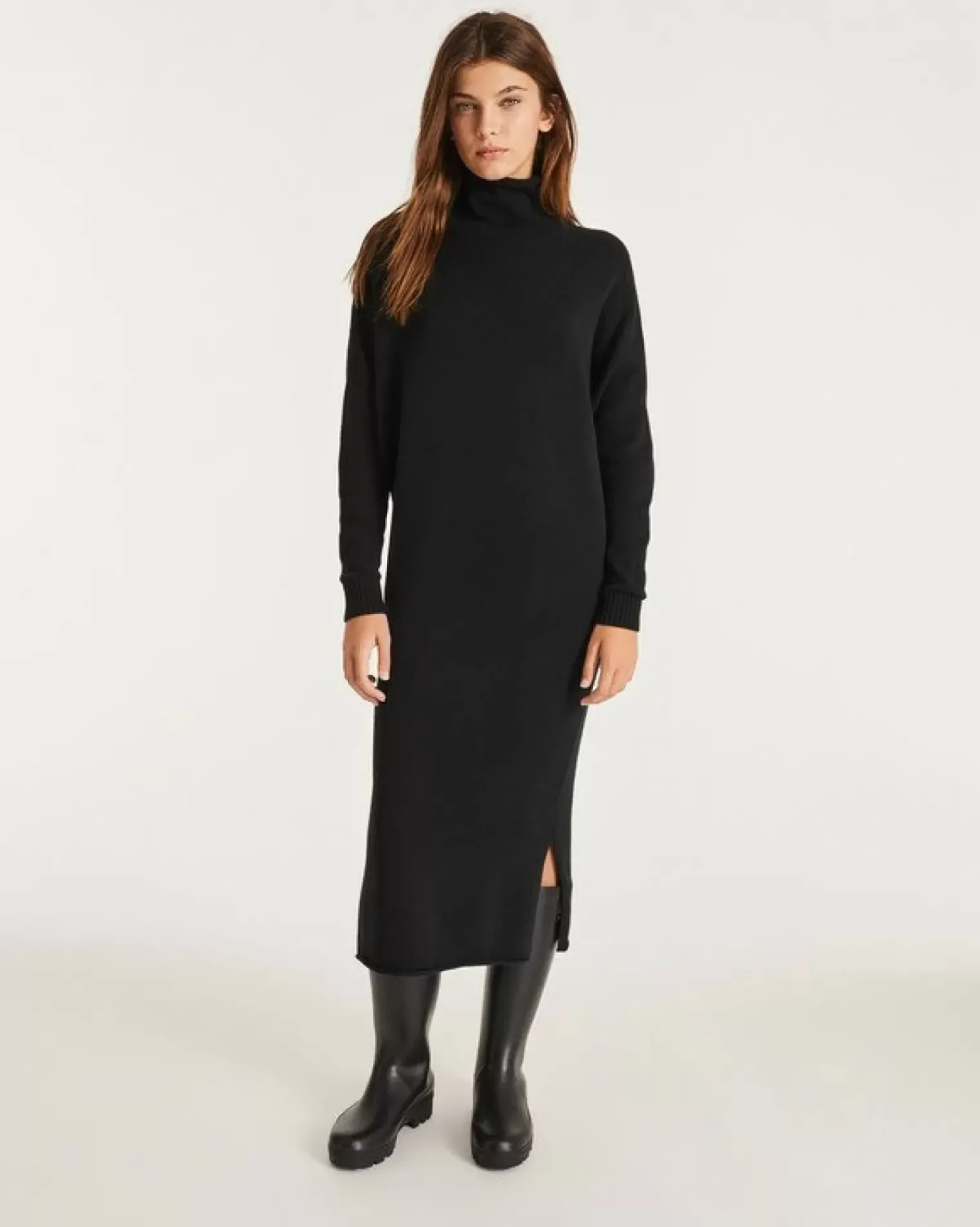 Kujten Dresses & Skirts>Women Cashmere Funnel Neck Long Dress Noir