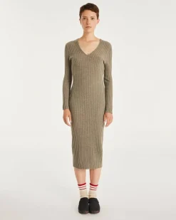 Kujten Dresses & Skirts>Women Cashmere V-Neck Long Dress Kaki Chine