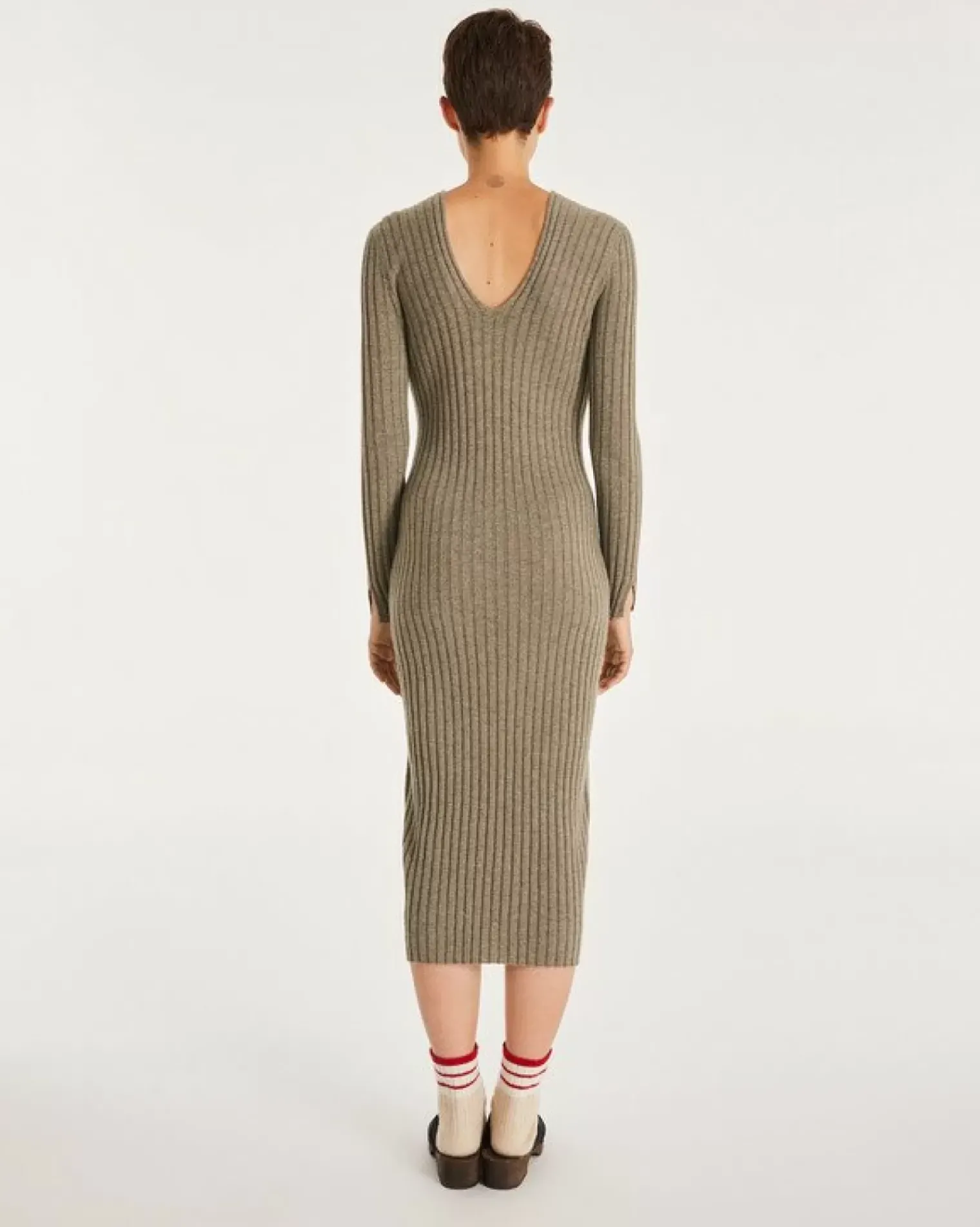 Kujten Dresses & Skirts>Women Cashmere V-Neck Long Dress Kaki Chine