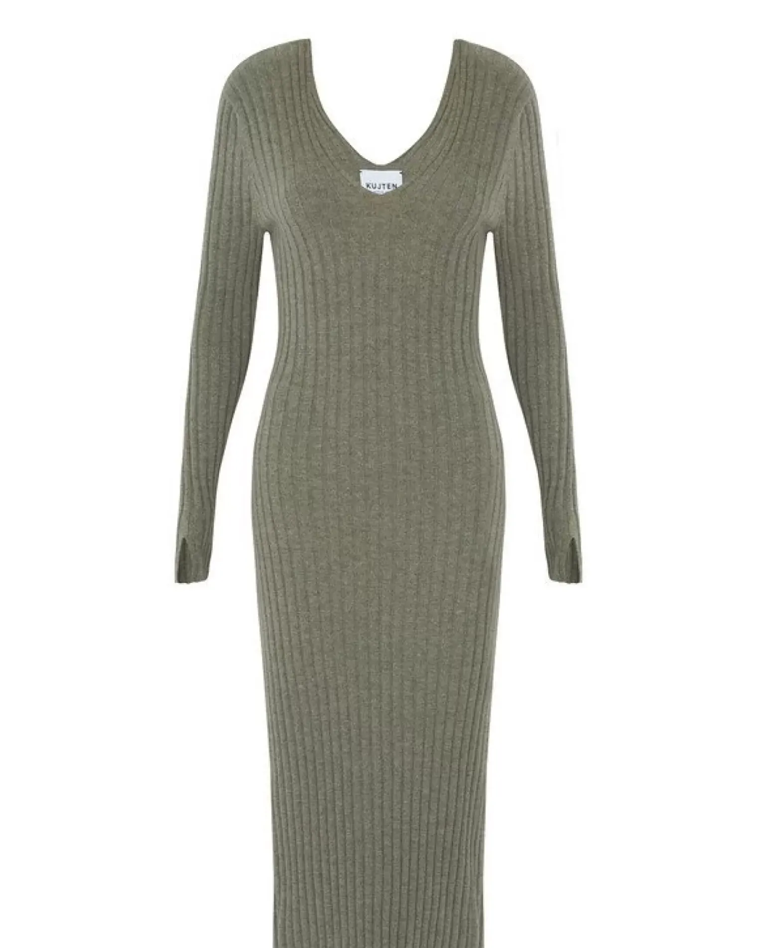 Kujten Dresses & Skirts>Women Cashmere V-Neck Long Dress Kaki Chine