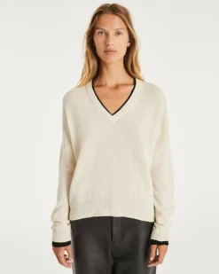 Kujten Sweaters & Sweatshirts>Women Cashmere V-Neck Sweater Boyfriend Blanc Vintage