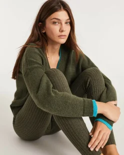 Kujten Sweaters & Sweatshirts>Women Cashmere V-Neck Sweater Boyfriend Kaki Fonce