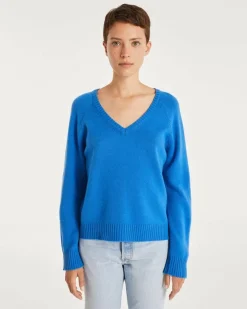 Kujten Sweaters & Sweatshirts>Women Cashmere V-Neck Sweater Bleu Kabalos