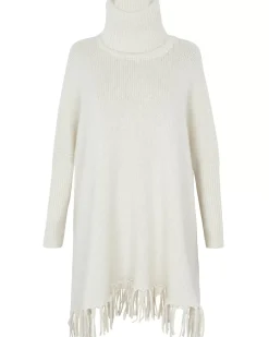 Kujten Capes & Ponchos>Women Fringed Cashmere Poncho, 10-Threads Blanc