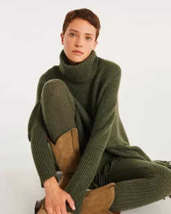 Kujten Capes & Ponchos>Women Fringed Cashmere Poncho Kaki Fonce
