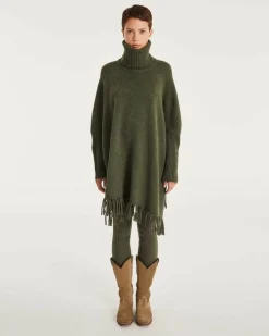 Kujten Capes & Ponchos>Women Fringed Cashmere Poncho Kaki Fonce