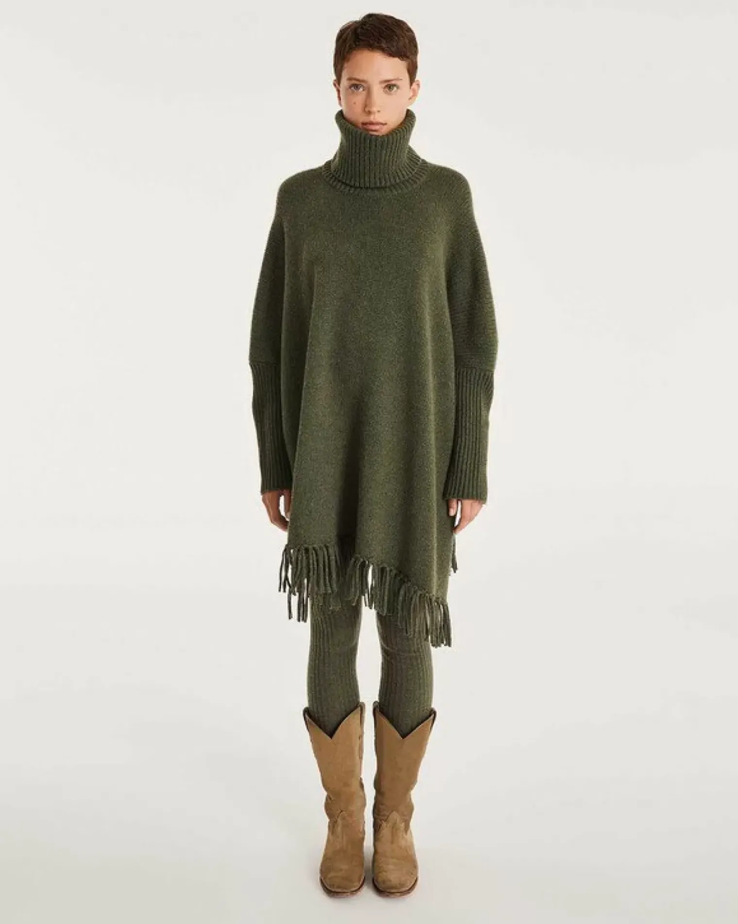 Kujten Capes & Ponchos>Women Fringed Cashmere Poncho Kaki Fonce