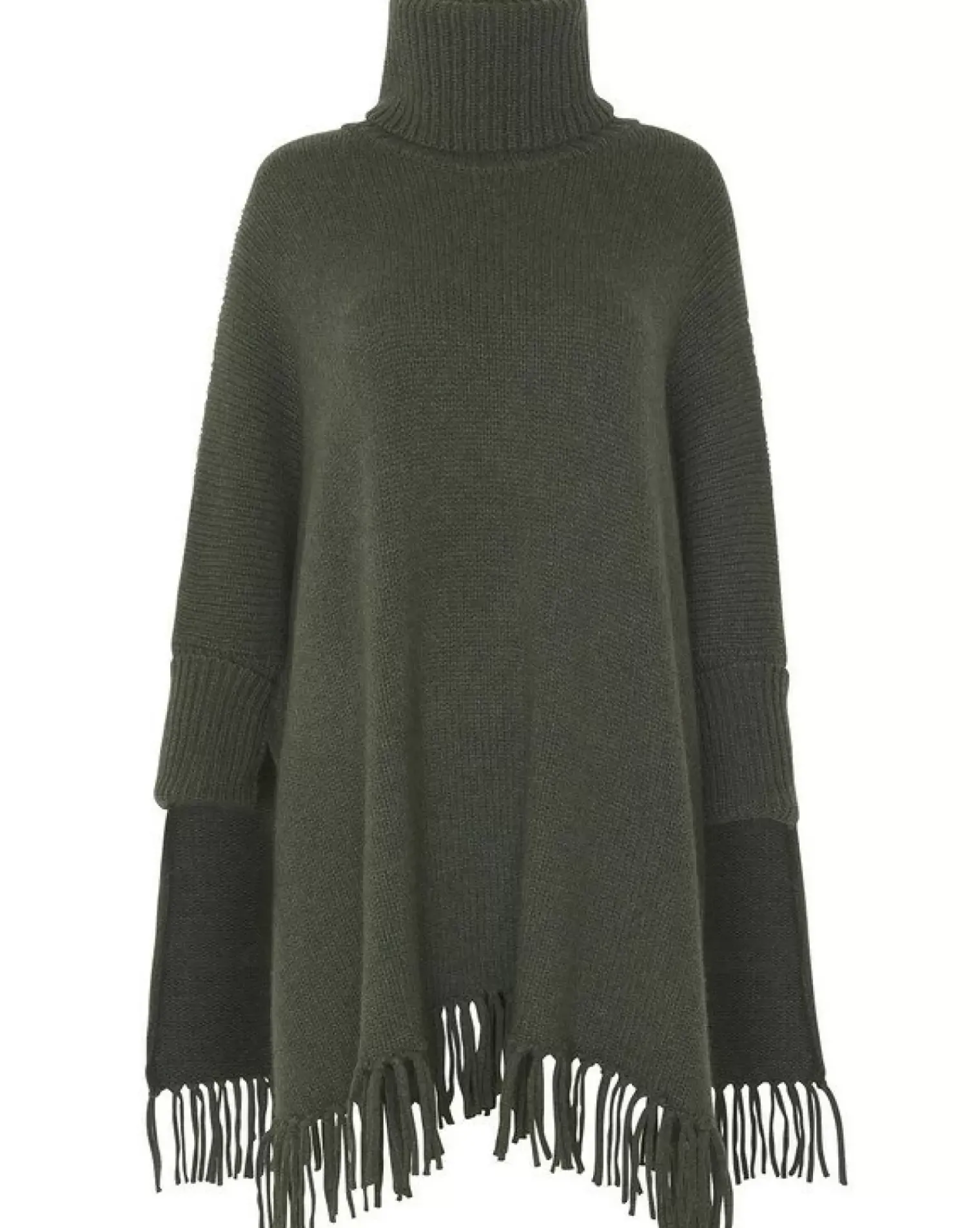 Kujten Capes & Ponchos>Women Fringed Cashmere Poncho Kaki Fonce
