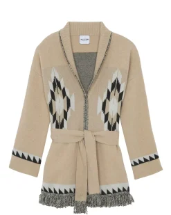 Kujten Jackets & Vests>Women Fringed Collar Cashmere Cardigan, 4-Threads Noir Beige