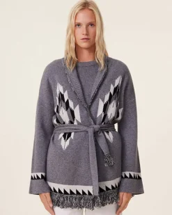 Kujten Jackets & Vests>Women Fringed Collar Cashmere Cardigan, 4-Threads Gris Flanelle