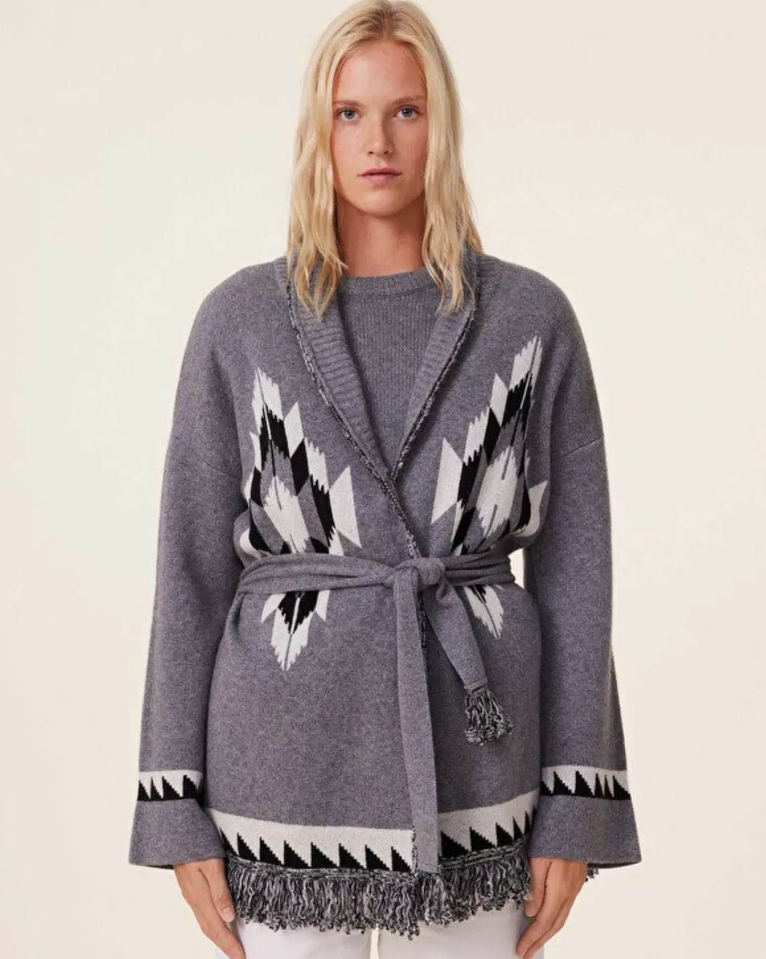 Kujten Jackets & Vests>Women Fringed Collar Cashmere Cardigan, 4-Threads Gris Flanelle