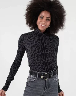 Kujten Sweaters & Sweatshirts>Women Leopard Print Cashmere Tunic Gris Anthracite Leopard