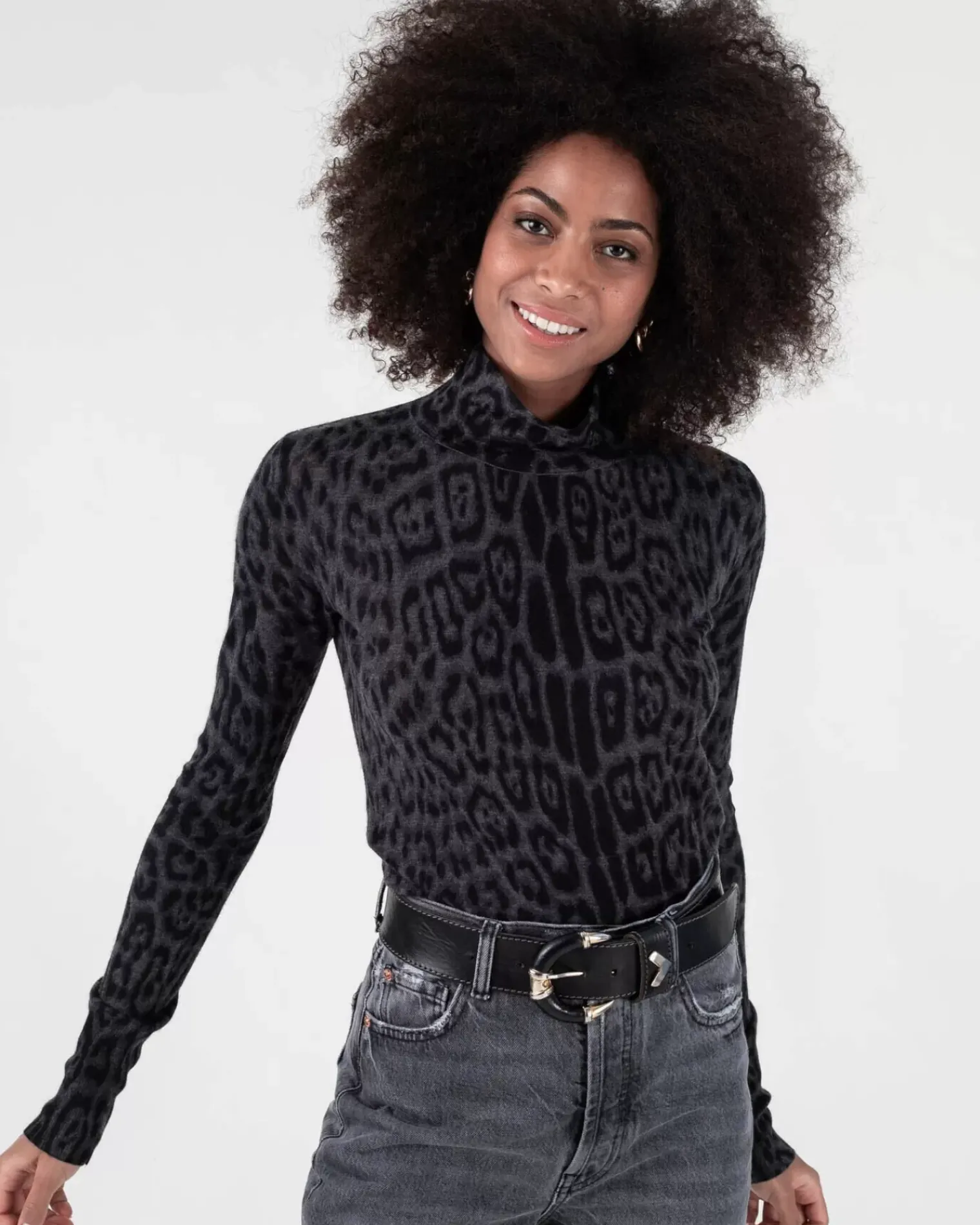 Kujten Sweaters & Sweatshirts>Women Leopard Print Cashmere Tunic Gris Anthracite Leopard