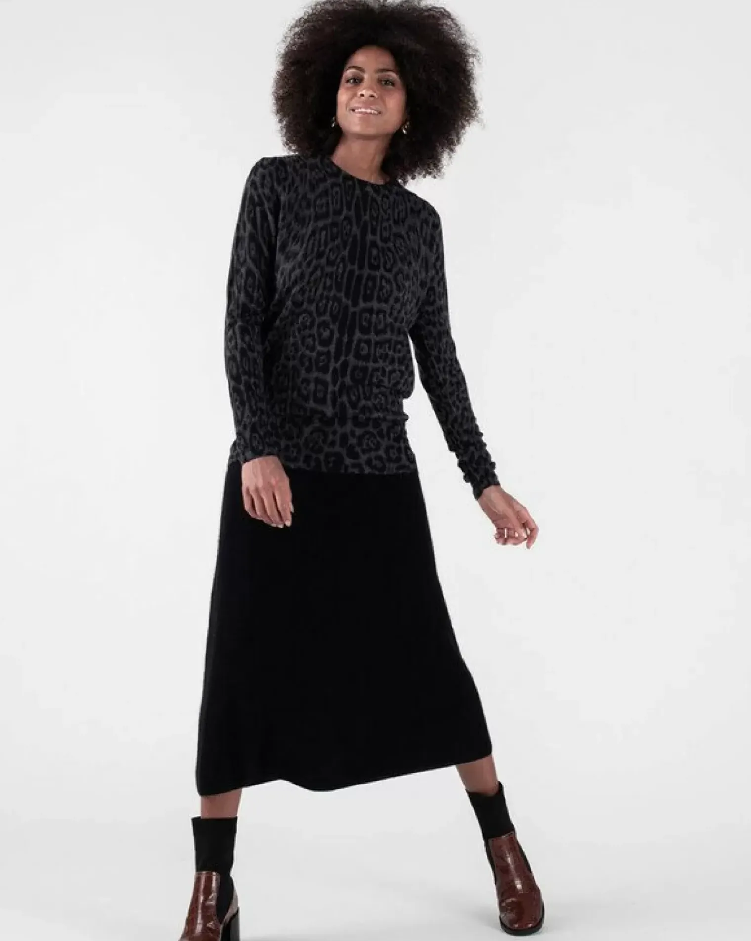 Kujten Sweaters & Sweatshirts>Women Leopard Print Cashmere Tunic Gris Anthracite Leopard