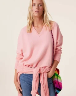 Kujten Sweaters & Sweatshirts>Women Oversized V-Neck Cashmere Sweater, 4-Threads Rose Guimauve