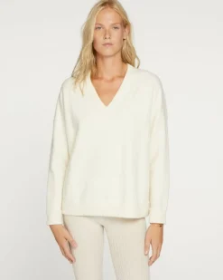 Kujten Sweaters & Sweatshirts>Women Oversized V-Neck Cashmere Sweater Blanc