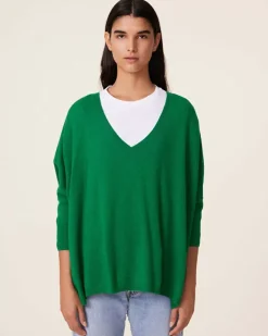 Kujten Sweaters & Sweatshirts>Women Oversized V-Neck Cashmere Sweater, 2-Threads Vert Imperial