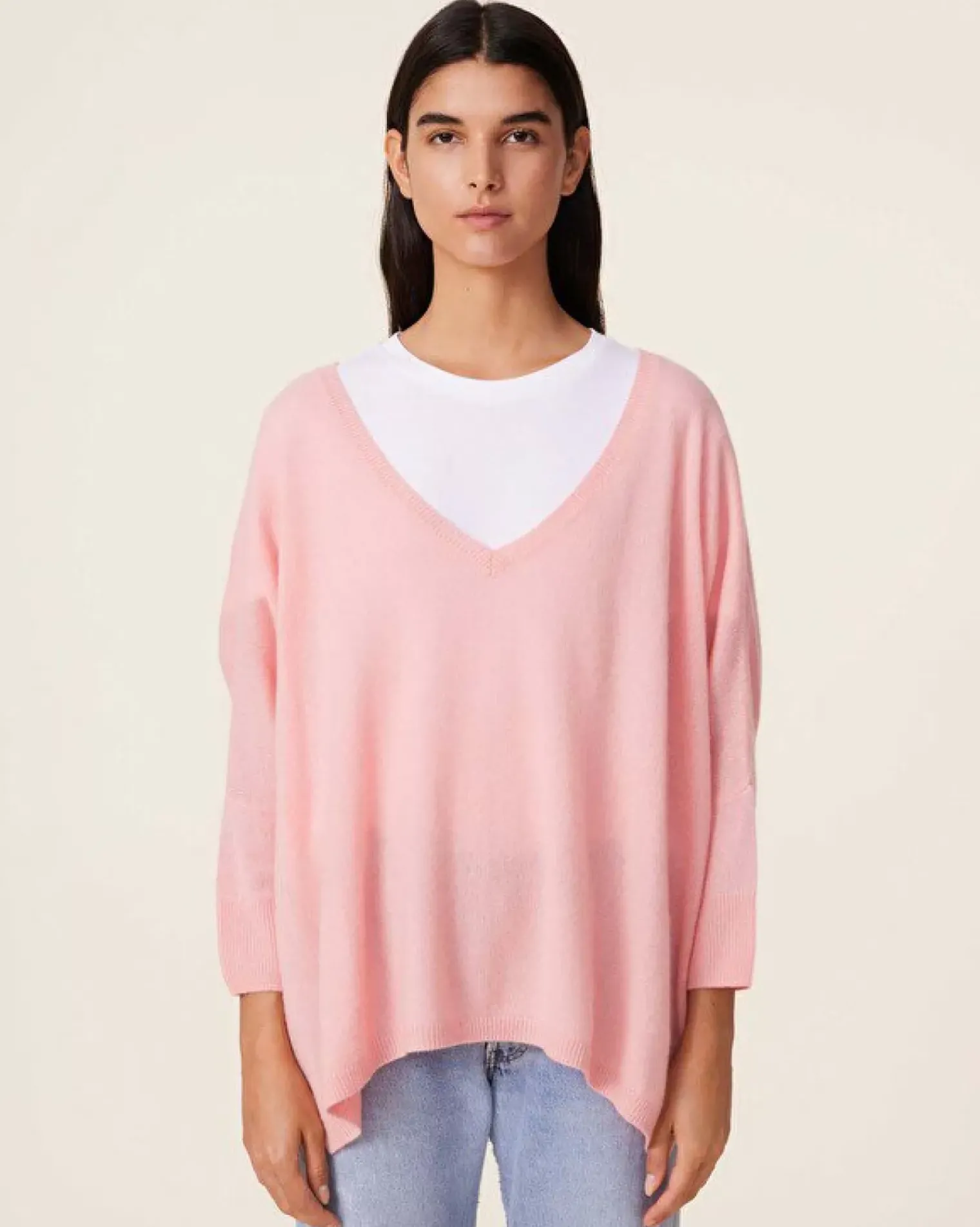 Kujten Sweaters & Sweatshirts>Women Oversized V-Neck Cashmere Sweater, 2-Threads Rose Guimauve
