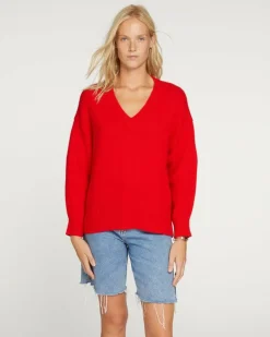 Kujten Sweaters & Sweatshirts>Women Oversized V-Neck Cashmere Sweater Rouge Tomato
