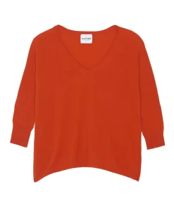 Kujten Sweaters & Sweatshirts>Women Oversized V-Neck Cashmere Sweater, 2-Threads Orange Rosso