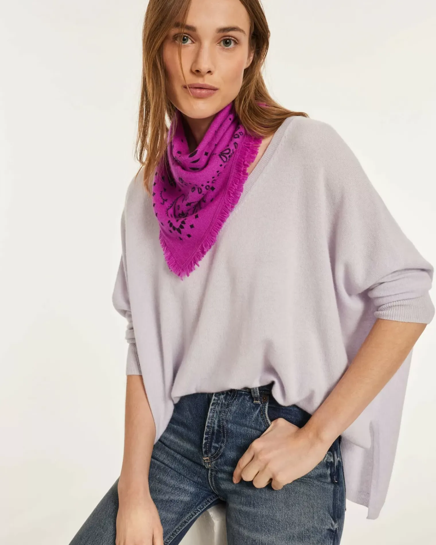 Kujten Sweaters & Sweatshirts>Women Oversized V-Neck Cashmere Sweater Parme Chine