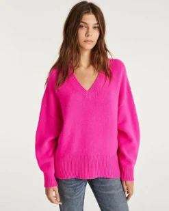 Kujten Sweaters & Sweatshirts>Women Oversized V-Neck Cashmere Sweater Rose Neon