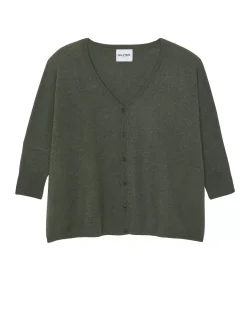 Kujten Jackets & Vests>Women Oversized V-Neck Cashmere Cardigan Kaki Fonce
