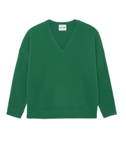 Kujten Sweaters & Sweatshirts>Women Oversized V-Neck Cashmere Sweater, 4-Threads Vert Imperial