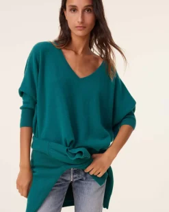 Kujten Sweaters & Sweatshirts>Women Oversized V-Neck Cashmere Sweater, 2-Threads Vert Perroquet