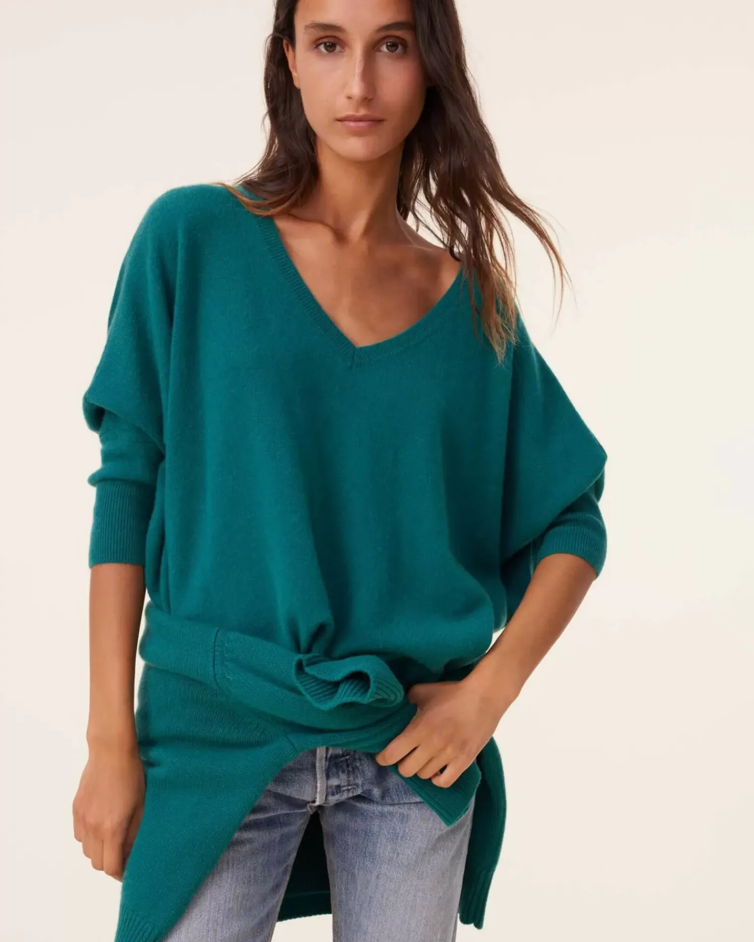 Kujten Sweaters & Sweatshirts>Women Oversized V-Neck Cashmere Sweater, 2-Threads Vert Perroquet