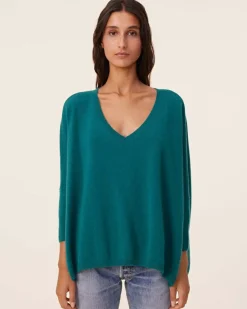 Kujten Sweaters & Sweatshirts>Women Oversized V-Neck Cashmere Sweater, 2-Threads Vert Perroquet
