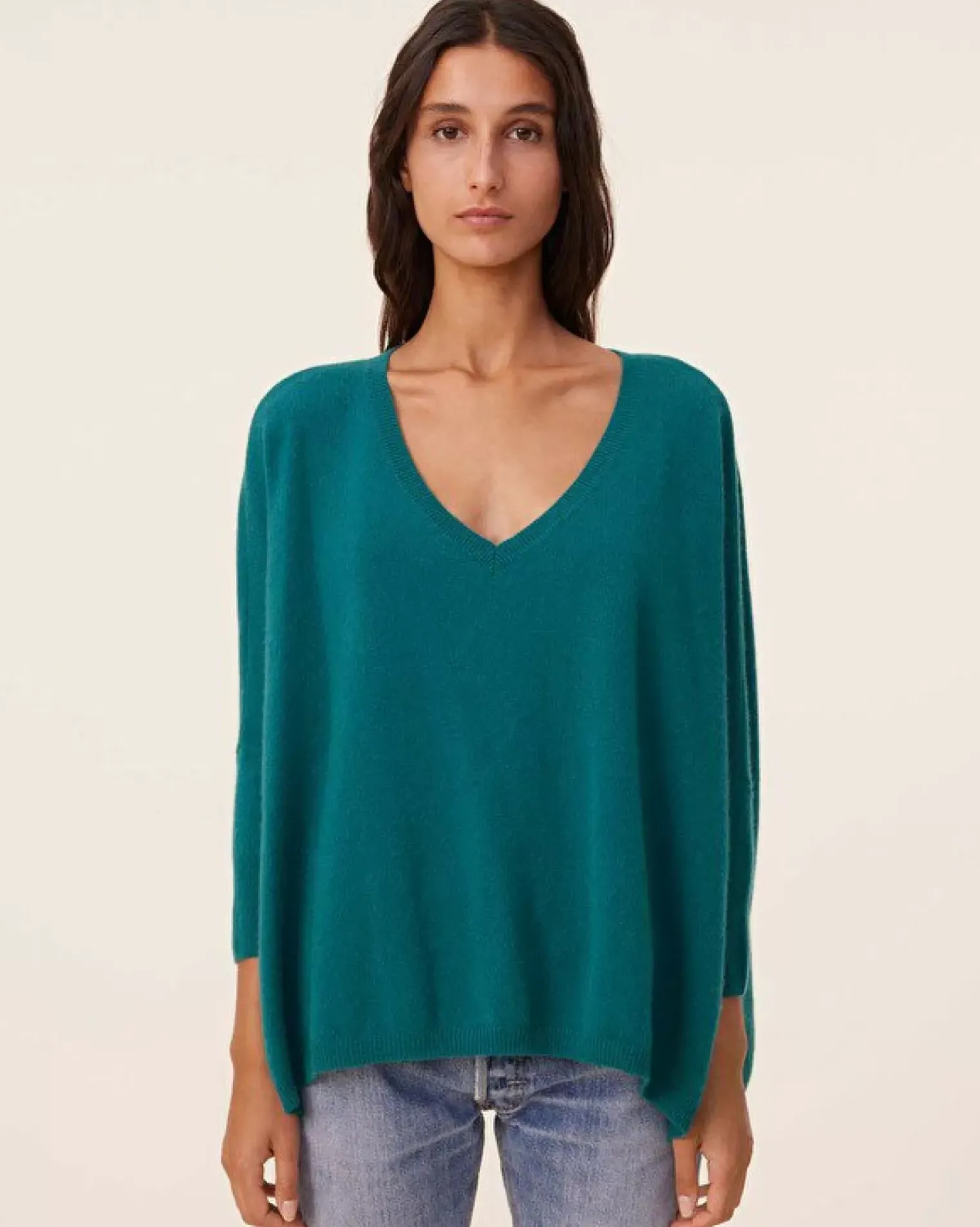 Kujten Sweaters & Sweatshirts>Women Oversized V-Neck Cashmere Sweater, 2-Threads Vert Perroquet