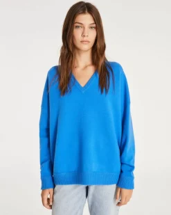 Kujten Sweaters & Sweatshirts>Women Oversized V-Neck Cashmere Sweater Bleu Kabalos