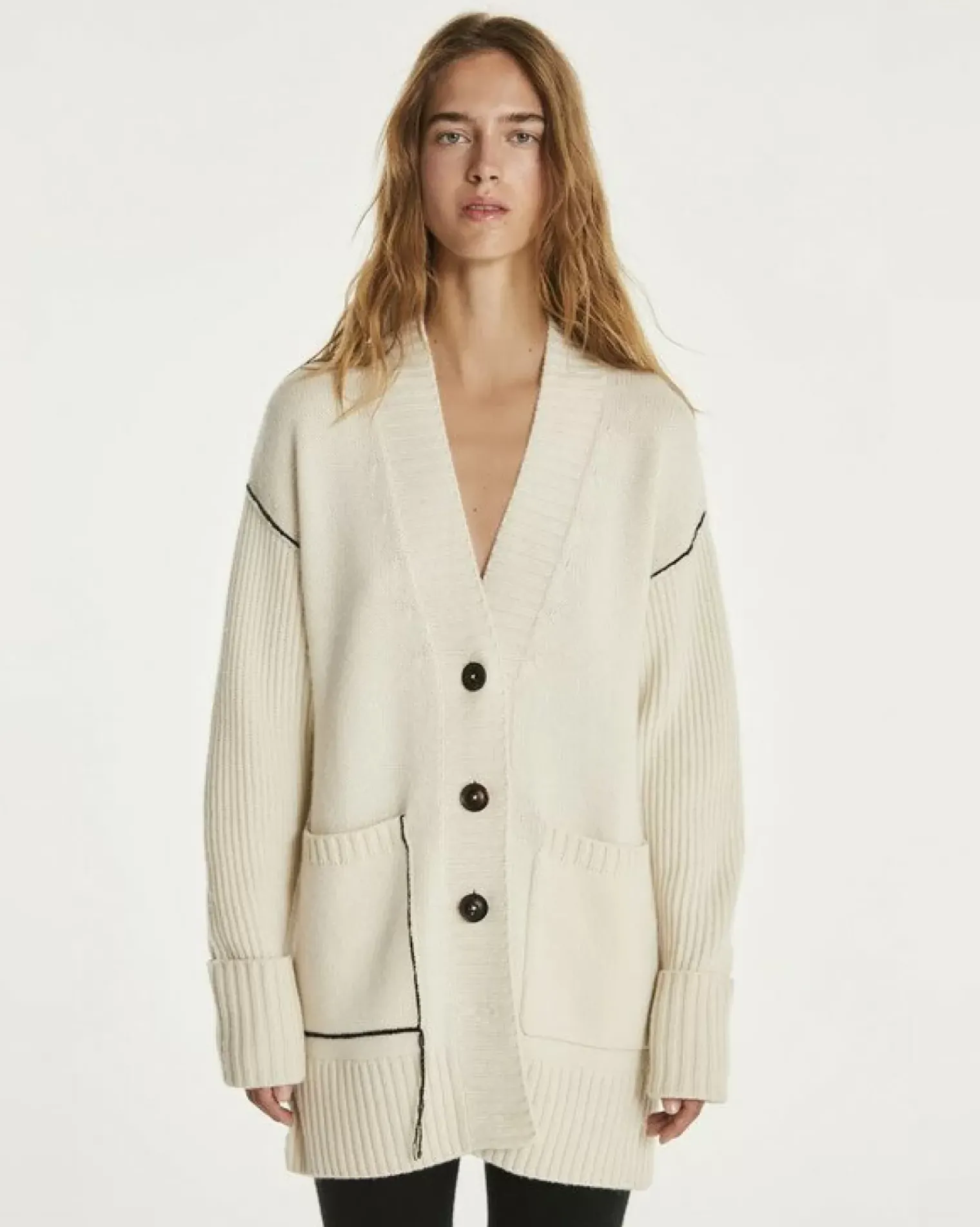 Kujten Jackets & Vests>Women Oversized V-Neck Cashmere Cardigan Blanc Vintage