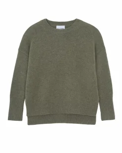 Kujten Sweaters & Sweatshirts>Women Round Neck Cashmere Sweater, 4-Threads Kaki Chine
