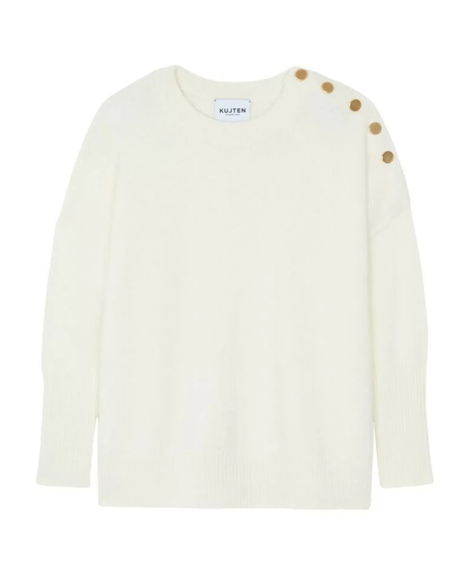 Kujten Sweaters & Sweatshirts>Women Round Neck Cashmere Button Sweater Blanc