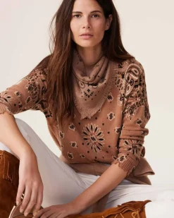 Kujten Sweaters & Sweatshirts>Women Round Neck Cashmere Sweater, 2-Threads Caramelo